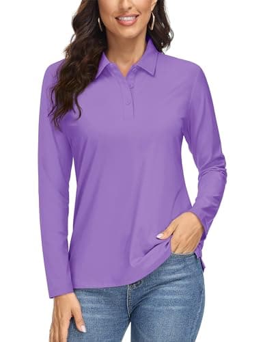 MAGCOMSEN Women's Long Sleeve Polo Shirts Quick Dry Athletic Collared Golf Tops for Work UPF 50+ Moisture Wicking Purple