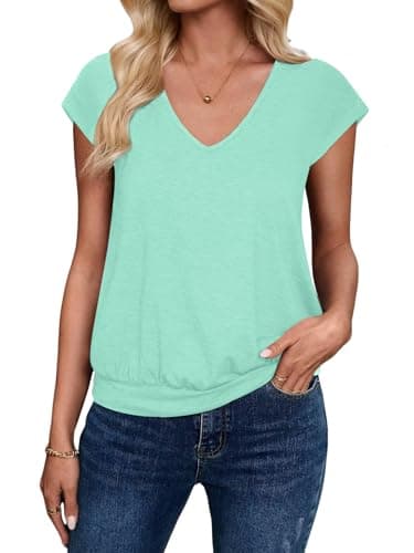 Sialois Womens Casual Tops V Neck T shirts Solid Color Banded Bottom Blouse Casual Business Clothing Lightweight Soft Loose Fit Short Sleeve Tee Spring Summer Trendy Fashion Clothes Essentials,Green,L