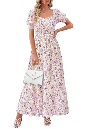 PRETTYGARDEN Women's Floral Boho Maxi Dresses Flowy Short Sleeve A Line Smocked Eyelet 2026 Summer Beach Vacation Clothes (Floral Purple,Medium)