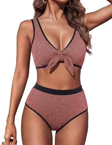 Hanna Nikole Womens High Waisted Bikini Sets 2 Piece Swimsuit Tummy Control Bathing Suits Full Coverage Textured Tie Knot Swimwear M Pink Black