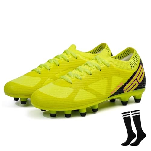 brooman Kids Firm Ground Soccer Cleats Boys Girls Football Shoes with Soccer Socks (8,Lime)