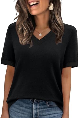 WIHOLL Short Sleeve Sweater for Women V Neck Soft Business Casual Outfits Summer Tops for Women Travel Vacation Clothing Trendy Womens Blouses Spring Clothes 2026 Black L