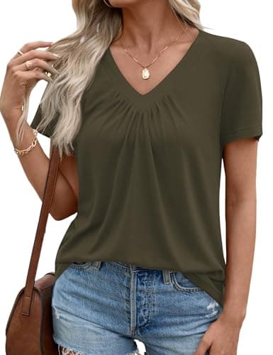 LOMON Womens Spring Tops Short Sleeve T-Shirts V Neck Pleated Casual Trendy Tunic Blouses Ladies 2026 Army Green S