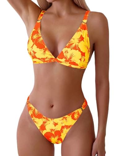 ZAFUL Women's 2 Piece Floral Print Swimsuit Triangle String High Cut Bikini Sets Bathing Suit(1-Flower Orange, S)