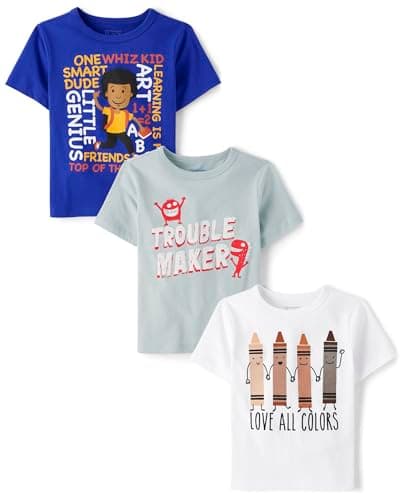 The Children's Place,Baby Boys,and Toddler School Days Short Sleeve Graphic T-Shirts,Multipacks,Love/Boy School/Trouble Makers 3-Pack,12 Months,18 Months