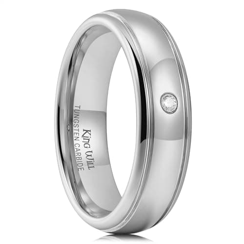 King Will Silver Wedding Band with Single CZ, 6mm Domed Polished Cubic Zircon Rings for Men & Women, Engagement Anniversary Rings Comfort Fit, Size 11
