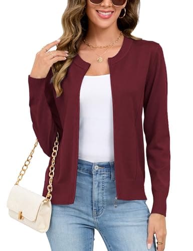 Totatuit Casual Lightweight Knit Sweater Loose Fit Zip Front Cardigan Long Sleeve Sweatshirts Fall Outfits Zip Up Jacket for Women Line Wine Red Small
