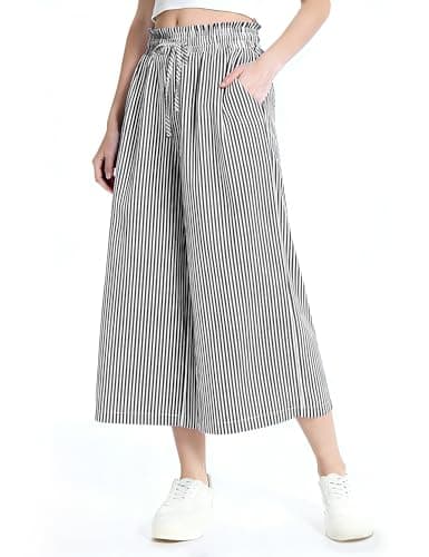 Rapbin Wide Leg Capri Pants for Women Gingham Striped Culottes Flowy Elastic Waist Cropped Palazzo Pants with Pockets (Black Stripes, M)