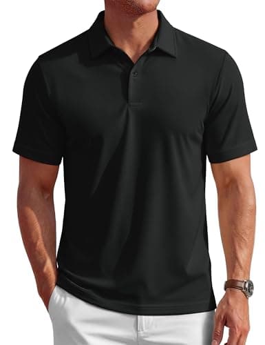 MAGCOMSEN Polo Shirts for Men Sun Protection 2 Button Golf Polos Performance Moisture Wicking Collared Shirt Short Sleeve Top Black