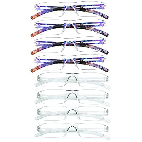 VisionGlobal 8 Pairs Reading Glasses, Blue Light Blocking Glasses, Computer Reading Glasses for Women and Men, Fashion Square Eyewear Frame (4bluefloral+4clear,+3.00 Magnification)