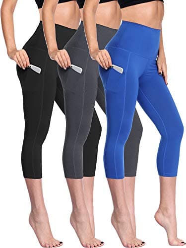 NELEUS Women's Yoga Capris Running Tummy Control High Waist Workout Leggings with Pockets,3 Pack,109,Black,Grey,Blue,US 2XL