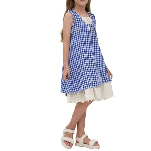HUNAIF Girls Summer Dresses,Kids Cute Mid-Length Casual Sundress,Children's Lace-up Back Strapless French Dress,Size:7-8 Years, Blue