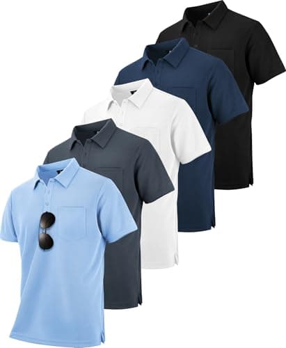 ZITY 5 Pack Polo Shirts for Men with Pocket Dry Quickly Short Sleeve Athletic Outdoor Work Collared Shirts M