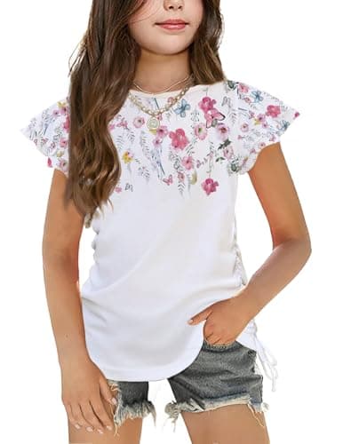 Arshiner Girls Shirts Ruffle Sleeves Shirts Summer Top for Girls Casual Flowers Print Clothes Ruched Knot Side Tunic Tee Tops 9-10 Years