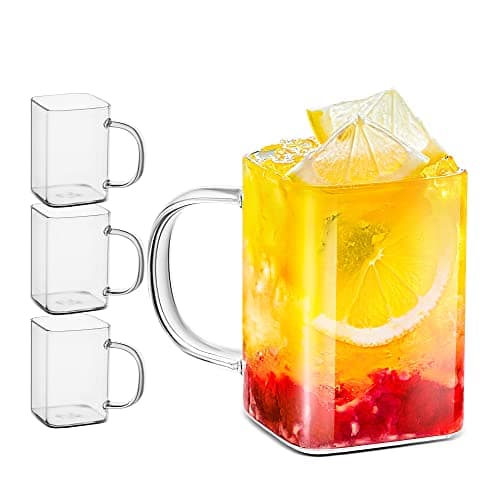 LUXU Drinking Glasses 8 oz With Handle,Set of 4 Thin Square Glasses,Elegant Bar Glassware For Water,Juice,Beer, Drinks,and Cocktails and Mixed Drinks,Lead-Free Square Glass,Glass Drink Tumblers