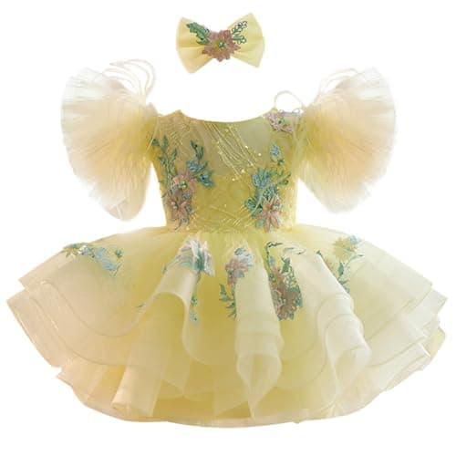 RUYUYIRU Yellow Birthday Dress for Girls Party Toddler Flower Girl Tutu Tulle Gown Puffy Pageant Dresses with 3D Floral(2 Years,3 Years)
