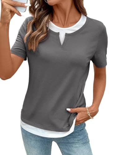 SHEWIN Womens Summer Tops Crewneck Short Sleeve Shirts for Women Color Block Cute Tops 2026 Basic Tees for Women Medium Grey Small