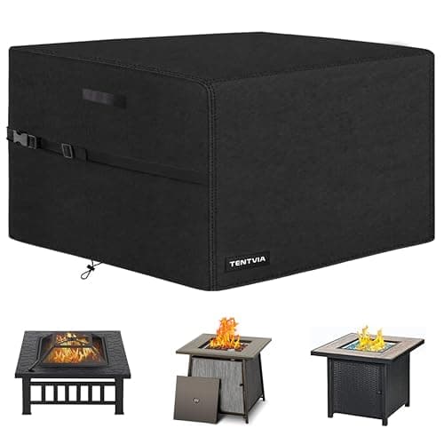 TENTVIA Square Fire Pit Cover 17x17x20 Inch - Heavy-Duty Taped Seam Waterproof, Windproof Drawstring & Buckle Strap, Black
