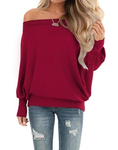 Lacozy Women's Sexy Off The Shoulder Sweatshirts Long Sleeve Waffle Knit Tunic Tops Oversized Shirts Sweaters Magenta L