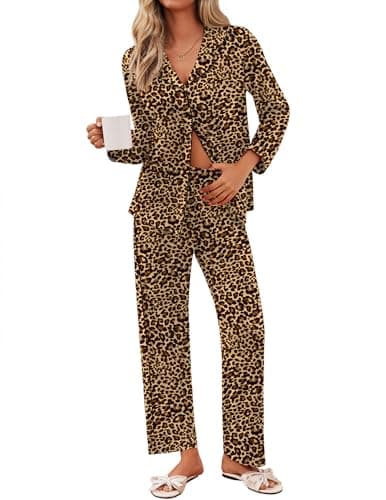 Cheetah Print Pajamas Sets For Women 2 Piece Fall Pj Button Down Sleepwear