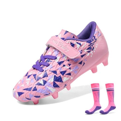 DREAM PAIRS Boys Girls Soccer Cleats Kids Firm Ground Football Shoes for Little/Big Kid with Soccer Socks,Size 11 Little Kid,Pink/Purple,SDSO2307K-ACC-1