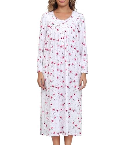 QRRLUEN Long Sleeve Nightgowns for Women 100% Knit Cotton Night Gown Long Victorian Nightgown Sleepwear Ladies Cotton Nightdress White Pink Floral 3XL