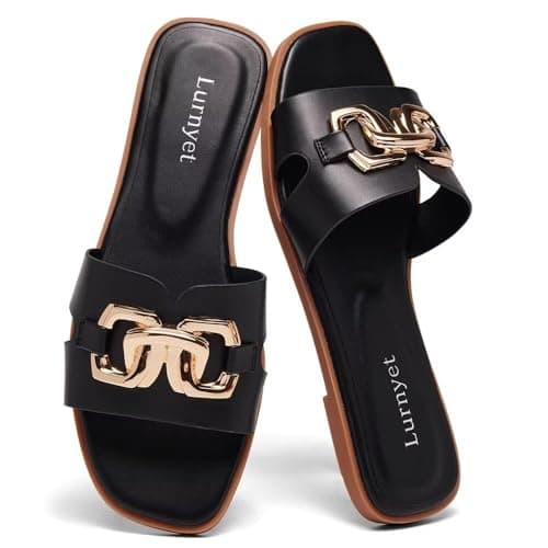 Lurnyet Women's Flat Slide Sandals Dressy Square Open Toe Slip On Sandals for Summer Beach