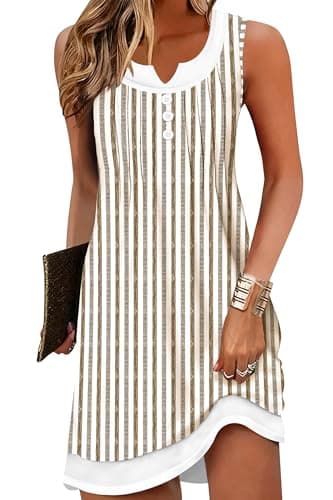 Disamer Sundresses for Women 2026 Beach Vacation Swimsuit Cover Ups Boho Summer Dresses Button Striped Sleeveless Beach Dress,Striped Brown,X-Large