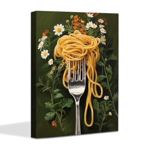 Funny Kitchen Wall Art, Watercolor Spaghetti Pasta on Fork Canvas Print, Framed Humorous Floral Kitchen Decor for Dining Room Restaurant, Ready to Hang 12x16 Inch