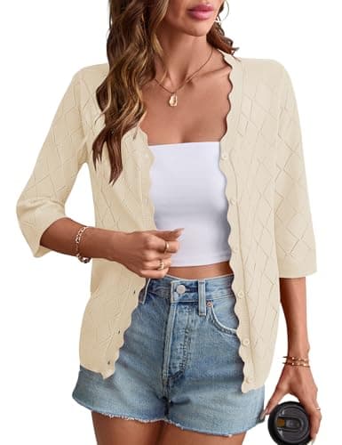 Rapbin Cardigans for Women Trendy Open Front V Neck Button Down Sweater Lightweight Crochet Knit Textured Shrug (Beige, 2XL)