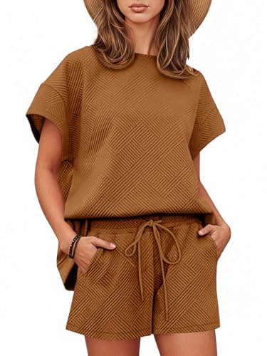 Tankaneo Womens 2 Piece Short Sets Outfits Summer Matching Lounge Set Casual Short Sleeve Tops and Shorts Pajama Set with Pockets Brown
