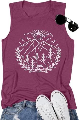 Funny Tank Tops for Women Summer Outdoor Printed Novelty Hiking Camping Graphic Travel Clothes Womens Casual Loose Fit Cotton Tops-S (Purple)