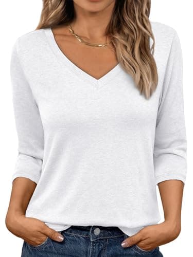 AUTOMET Womens 3/4 Length Sleeve Tops 2026 Summer V Neck Tee Shirts Dressy Casual Work Tunic Blouses Spring Clothes White L