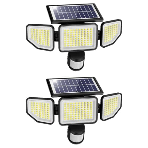 Onforu 4500LM Solar Lights Outdoor, 3 Heads Security Lights with Remote Control, IP65 Waterproof Motion Sensor Lights, 3 Modes Flood Lights for Wall, Porch, Yard, Outside, 2 Pack