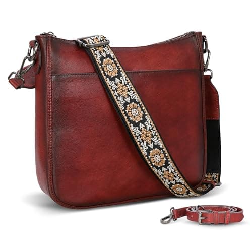 HESHE Crossbody Bags Genuine Leather Purses for Women Satchel Handbags Hobo Bag Women’s Shoulder Purses and Handbags with Guitar Strap Travel Cross Body Pockets Bag(Wine)