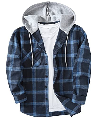 SCODI Mens Flannel Hoodie Shirt Casual Button Down Plaid Jacket Shirts Stylish Long Sleeve Shirts with Pocket Navy X-Large