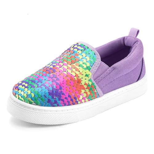 K KomForme Toddler Slip on Sneakers Girls Sparkle Sequins Canvas Walking Shoes,Size 7 Toddler, Purple Rainbow