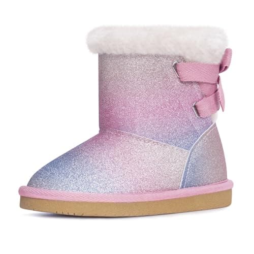 KRABOR Girls Glitter Snow Boots Cotton Lining Warm Winter Non~Slip Shoes with Cute Bow for Toddlers/Little Kid (Pink Size 2)