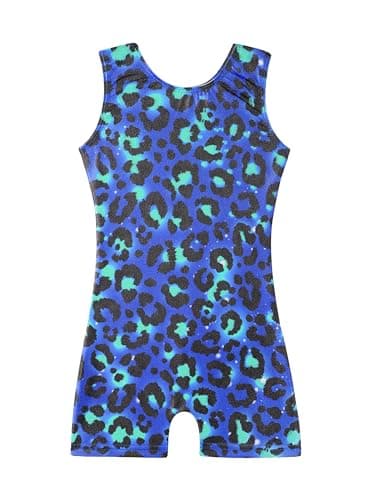 HOZIY Gymnastics Leotards for Girls With Shorts Biketard Toddler Girl Kids Leo Bodysuits Apparel Tumbling Outfits Sparkle Dance Clothing Neon Blue Green Leopard Size 8-10 9 Years