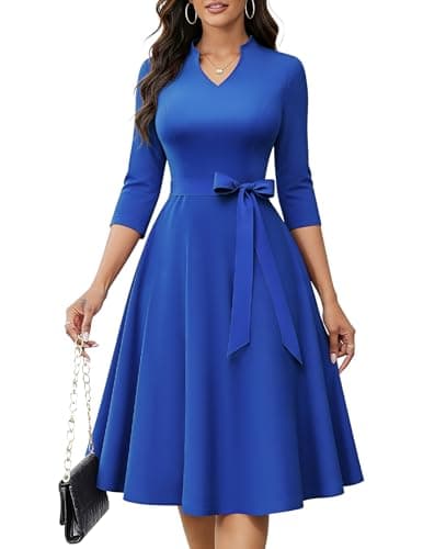 HomRain Midi Dress with Pockets Church Cocktail Fit and Flare 3/4 Sleeve Vintage Wedding Guest RoyalBlue S