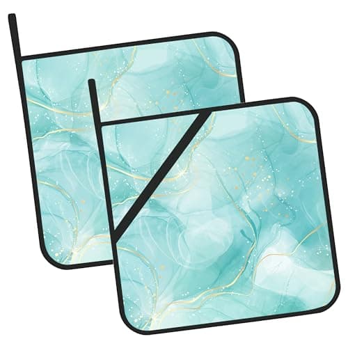 Teal Turquoise Marble Pot Holders Set of 2 - Heat Resistant Oven Hot Pads for Cooking, Baking, BBQ - Gifts for Women