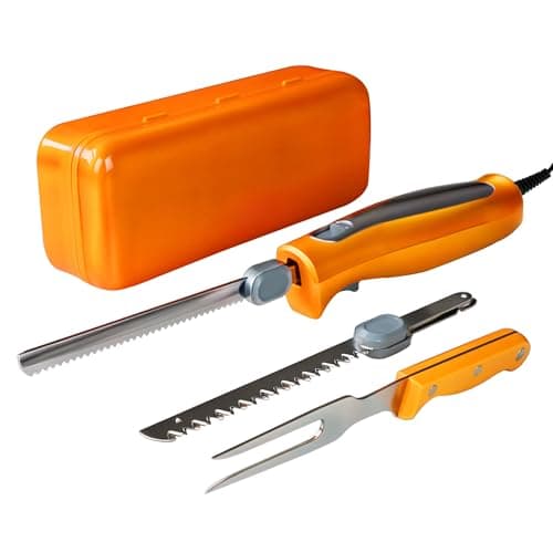 Electric Knife, Electric Carving Knife Set with Two Serrated Stainless Steel Blades, Carving Fork, with Non Slip Handle, Safety Lock and Storage Case for Meat, Bread Fish,Other and Foods.