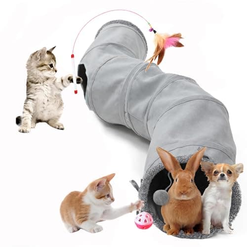 Mabaytir 2-Way Collapsible Cat Tunnel Tube Toy Pack— Interactive Play Tunnel with Peek Holes, Ball and Wand Toy for Indoor Cats, Kittens, Puppies & Rabbits | Hours of Fun & Exercise