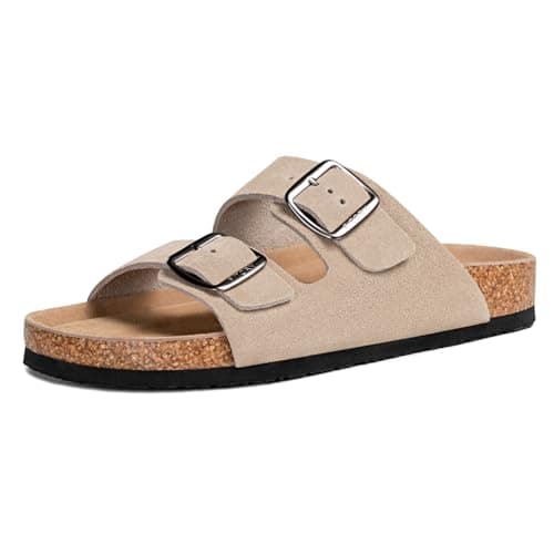 FITORY Mens Sandals, Arch Support Slides with Adjustable Buckle Straps and Cork Footbed Tapue Suede Size 11