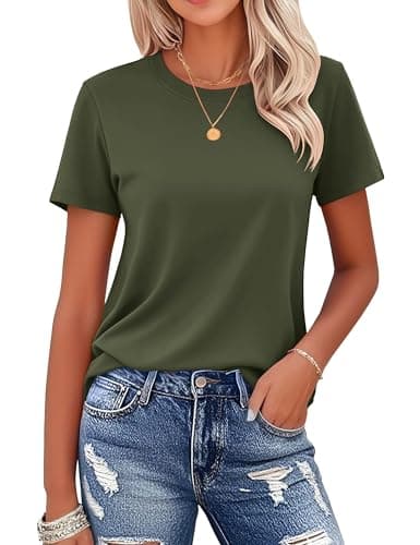 MAGCOMSEN Women's Cotton Shirt Short-Sleeve Classic-Fit Round-Neck T-Shirt Casual Moisture-Wicking Soft Basic Tee, Army Green, S