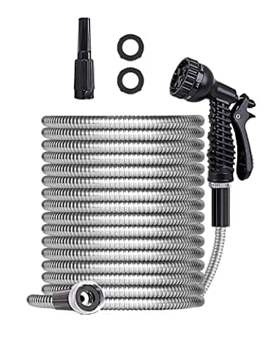 SIXWOOD Metal Garden Hose 75FT, Stainless Water Hose with Adjustable Nozzle Sprayer, Heavy Duty Hoses for Yard, Outdoor - Flexible, Never Kink & Tangle, Puncture Resistant,