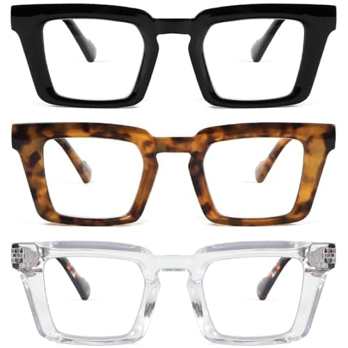 REAVEE 3 Pack Oversized Reading Glasses for Women, Blue Light Blocking Ladies Stylish Square Large Computer Readers with Spring Hinge (Black/Leopard/Clear 2.0x)