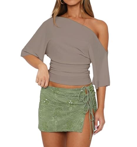 Dressmine Off Shoulder Tops for Women Short Sleeve Sexy Crop Top Y2K Going Out Shirts Cropped Blouse Ruched Asymmetrical Shirt Coffee Grey XS