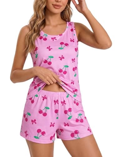 VENTELAN Womens Pajamas Set Summer Sleeveless Tank Tops and Shorts Pjs Soft Print 2 Piece Lounge Set Sleepwear,Pink Cherry,S