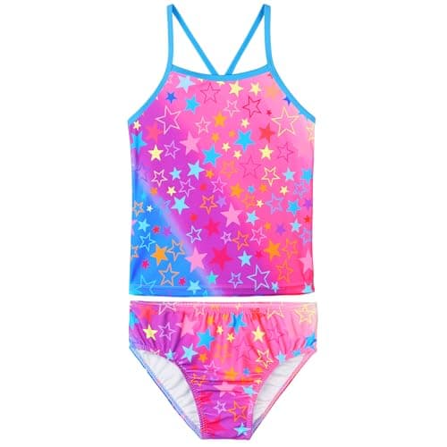 TFJH E Girls Strap Swimsuits Bikini Bathing Suits UV 50+ 2pcs Swimwear Rash Guard Set Pink Stars 4A
